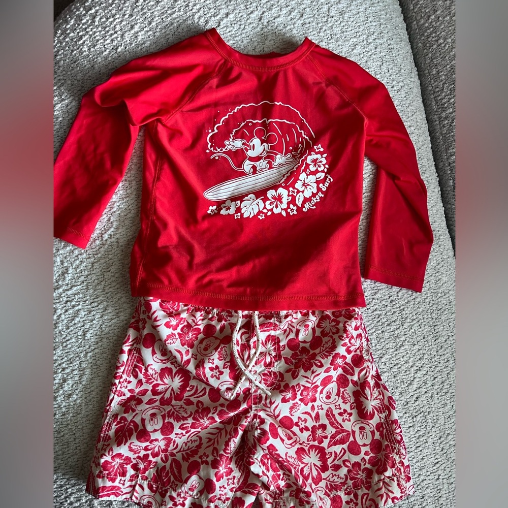 GAP Red Kids Swim Set Coverup, Swim Trunks, and Rashguard with Mickey Mouse